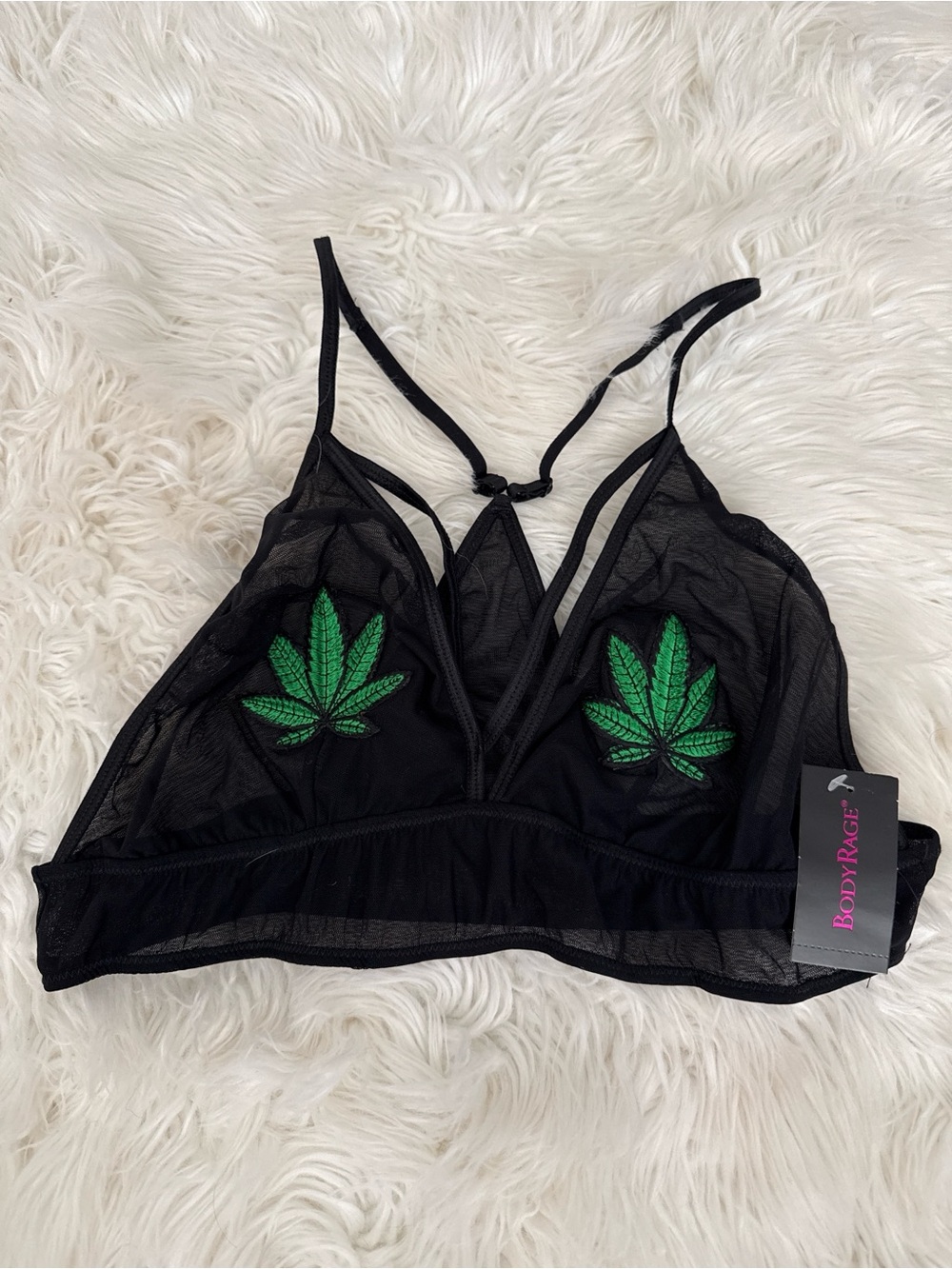 BodyRage Black Mesh Bralette with Green Leaf Embroidery